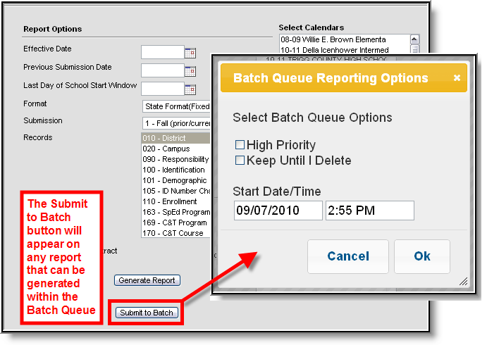 screenshot of users clicking the Submit to Batch button on a report and an options screen appearing where they can submit a report to the batch queue