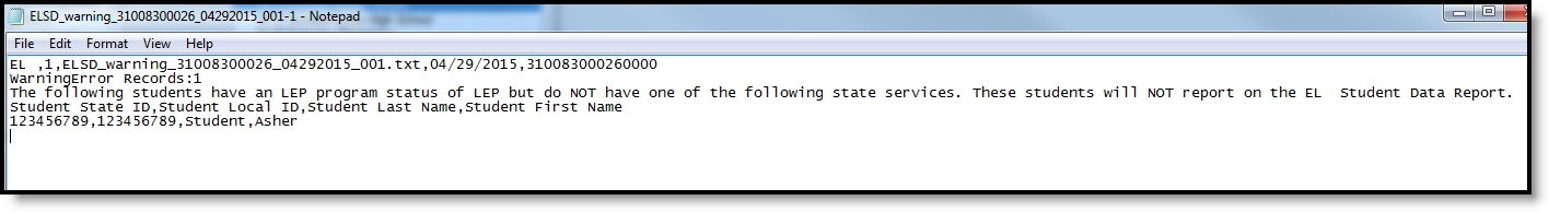 Screenshot of an example of the Error and Warnings Report in State Format (Comma Delimited).