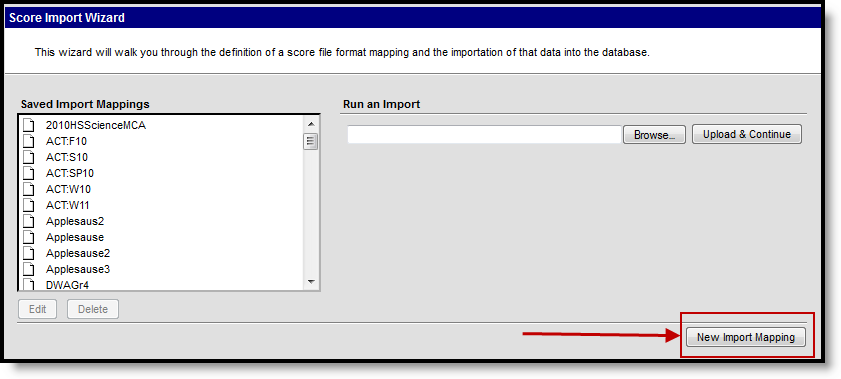Screenshot of the score import wizard highlighting the New Import Mapping button