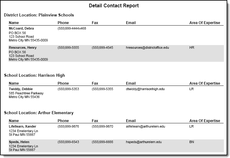 A sample report of contact information using the Shade Alternate Rows option.