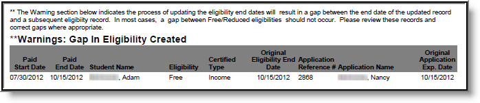 Screenshot of Warnings: Gap in Eligibility Created