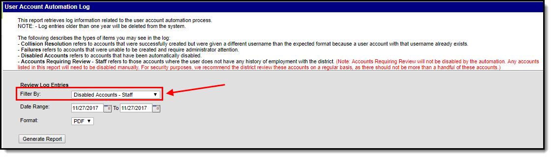 Screenshot of an example of a user account automation log highlighting the staff disabled accounts filter.