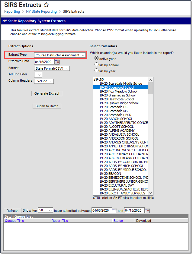Screenshot of the SIRS course instructor assignment extract editor.