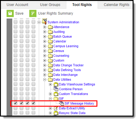 Screenshot of SIF Message History Tool Rights.