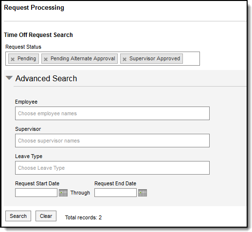 Screenshot of the Request Processing search fields.