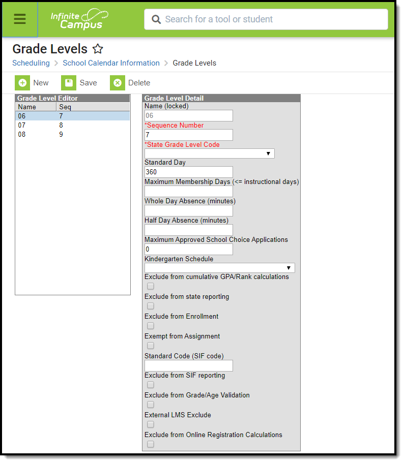 Screenshot of grade level setup options in Grade Levels editor.