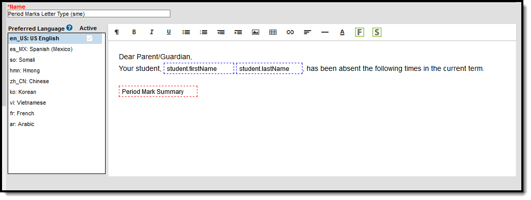Screenshot of Period Mark Summary Letter Format Editor.
