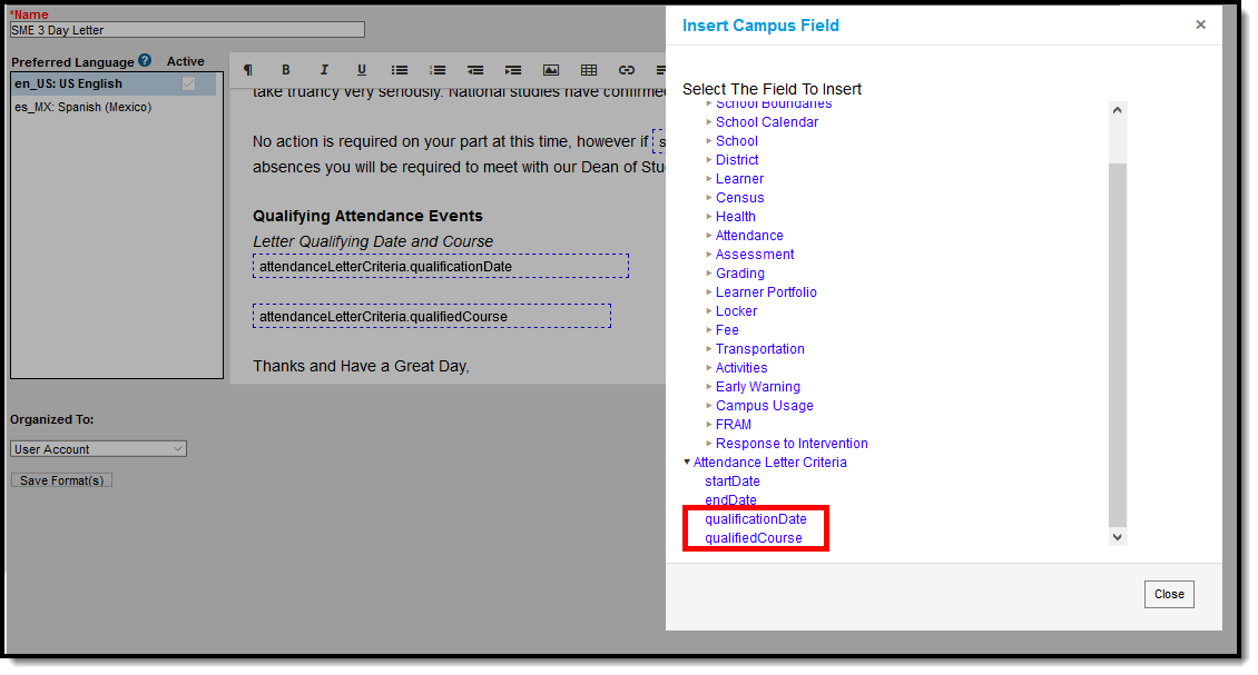 Screenshot of Letter using Attendance Letter Criteria Campus Fields.