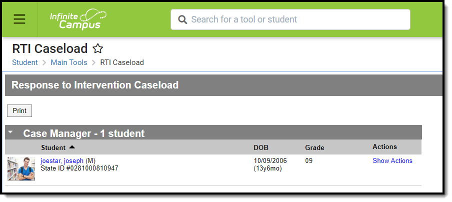 Screenshot of the RTI Caseload tool.