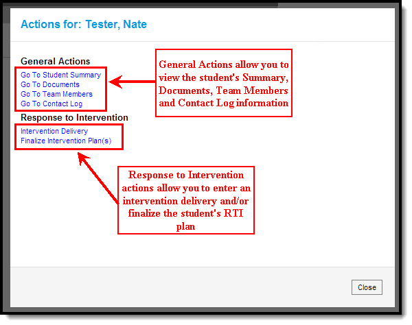Screenshot highlighting the RTI actions that can be selected.