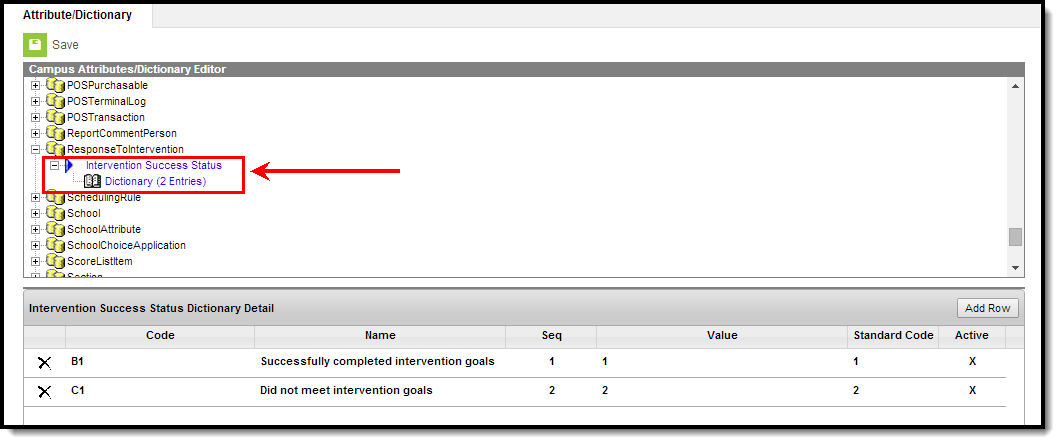 Screenshot of the intervention success status attribute dictionary entry.