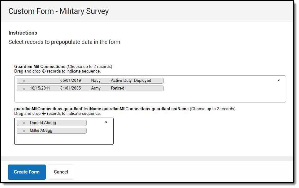 Image of a custom form with records selected to prepopulate data in the form.