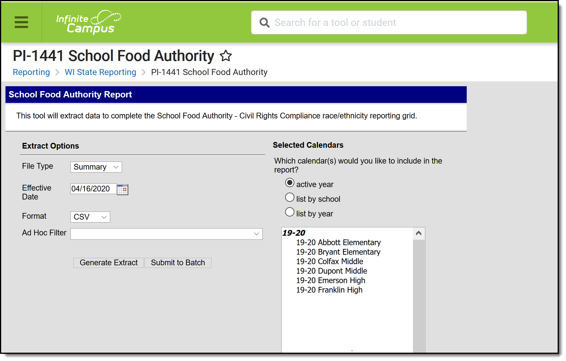 Screenshot of PI-1441 School Food Authority Editor.