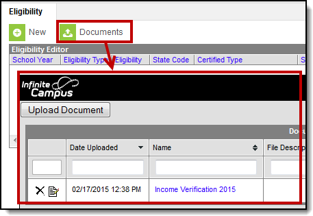 Screenshot of the Eligibility tool. The Documents button is selected and the Upload Document button is highlighted.