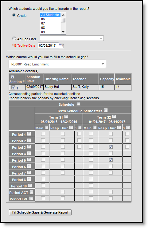 Screenshot of the Schedule Gap Filler with Responsive Courses.