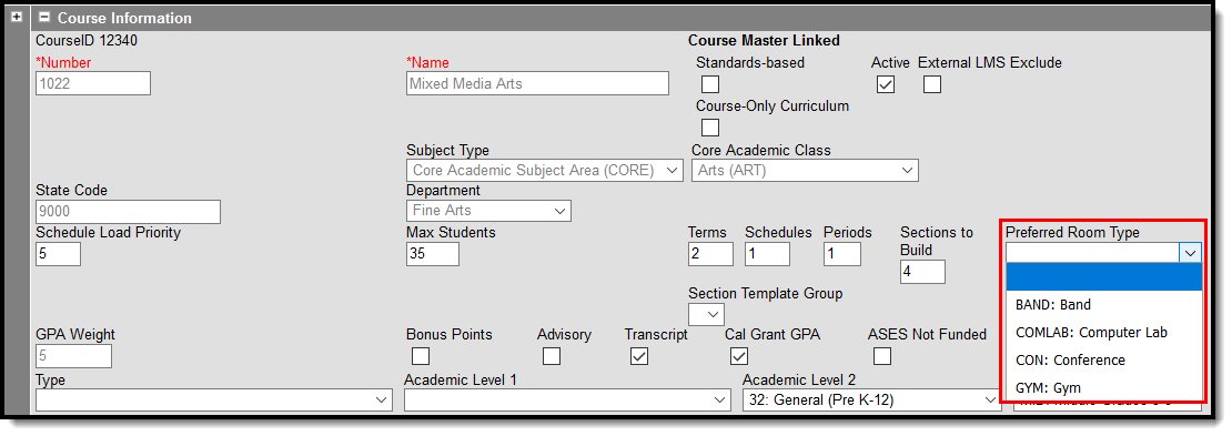 Screenshot of the Preferred Room Type display on the Course Information and Course Master editors. 