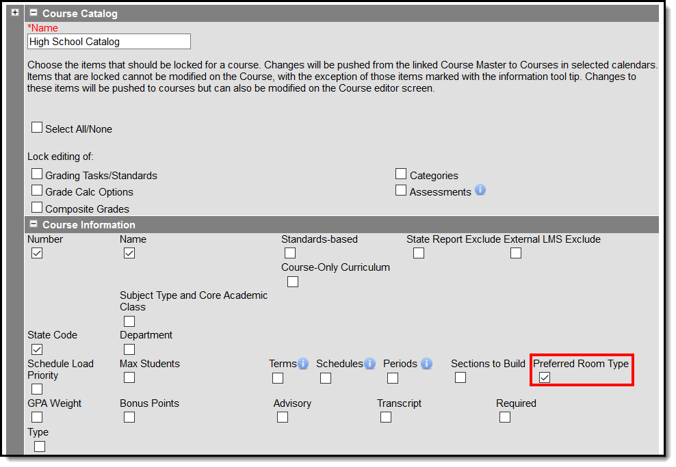 Screenshot of the Preferred Room Type checkbox on Course Catalog