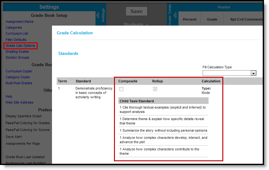 Screenshot highlighting the Grade Calc Options tool in the Grade Book Settings menu and a standard with rollup grading established. 