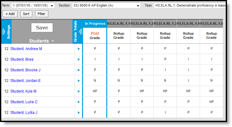 Screenshot of Rollup Grade columns in the Grade Book displaying after the In Progress grade columns. 