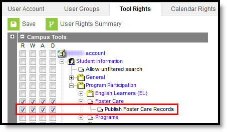 Screenshot of the Tool Rights tool, highlighting the Publish Foster Care Records rights.