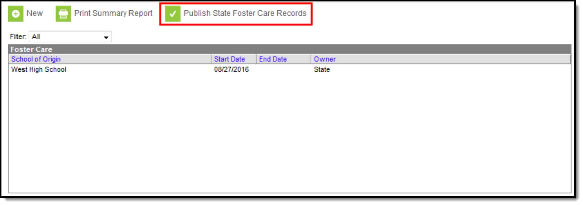 Screenshot highlighting the Publish State Foster Care Records button. 
