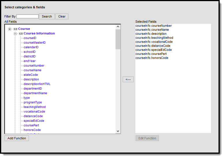 Screenshot of the Filter designer showing some of the available course information fields. 