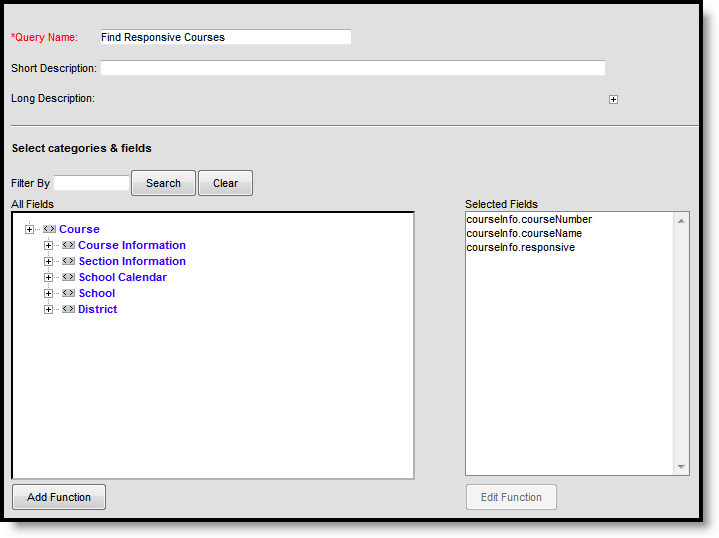 Screenshot of a sample Ad hoc query for Responsivle courses.
