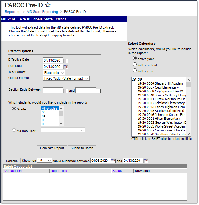 Image of the PARCC Pre-ID Extract Editor.