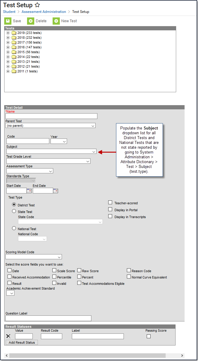 Screenshot of Assessment Test Setup Editor.