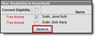 Screenshot from an application, the Remove button for a student is called out.