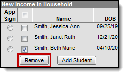 Screenshot of a household application. The Remove button for a household member is called out.