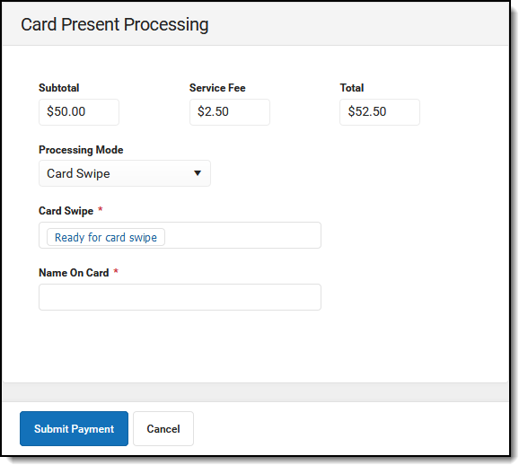 Screenshot of the Card Present Processing window when Card Swipe is selected in the Processing Mode dropdown list.