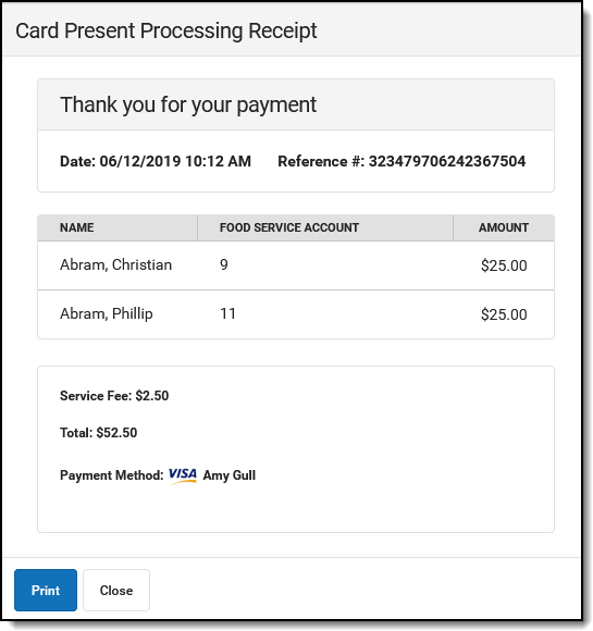Screenshot of the receipt after the Submit Payment button is clicked.