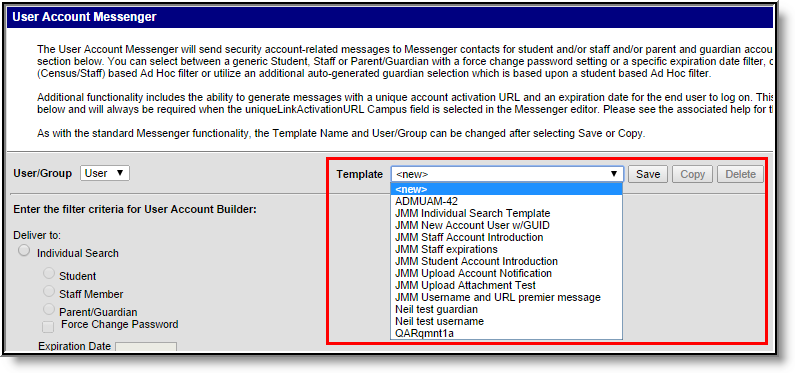 Screenshot of the user account messenger tool highlighting the template dropdown options.