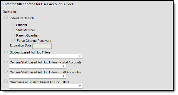 screenshot of an example of the filter criteria for the user account builder. 