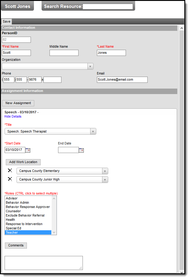 Screenshot of the Contact Information and Assignment Information fields.