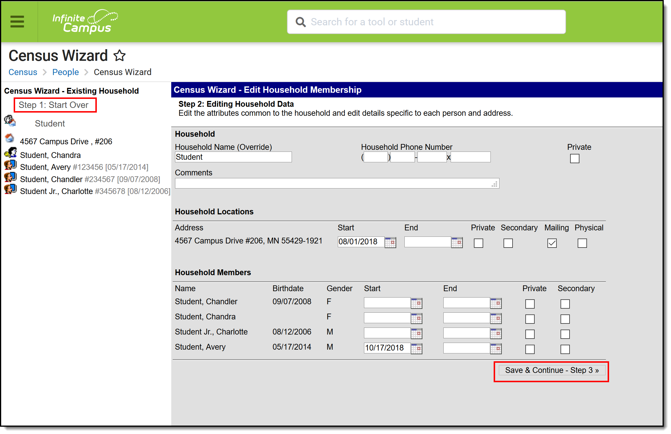 Screenshot of Household Information step in Census Wizard.