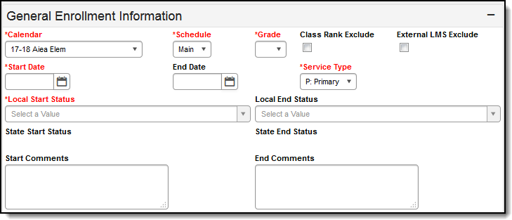Screenshot of the General Enrollment Information fields.