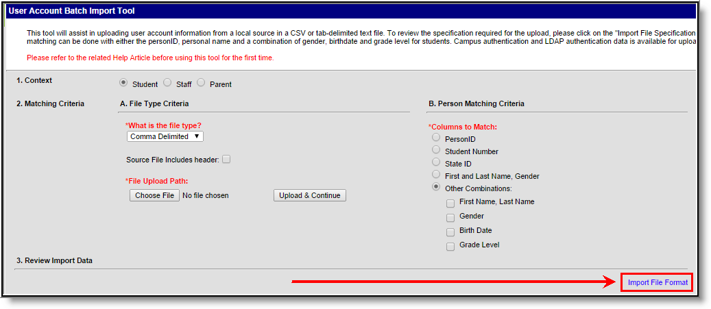 Screenshot of the user account batch import tool highlighting the import file format hyperlink. 