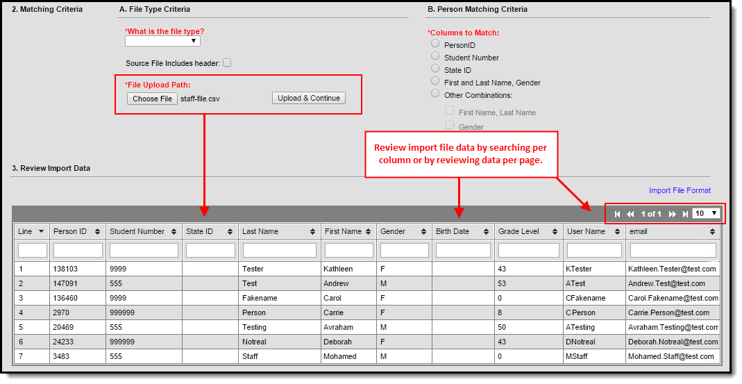 A screenshot of the Review Import Data table after a file has been uploaded with callouts around the search fields in each column and the pagination options.