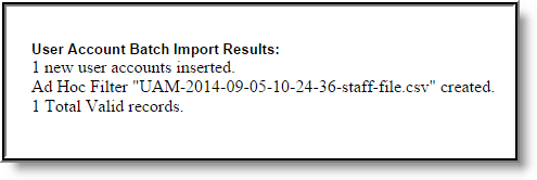 screenshot of an example of user account batch import results.