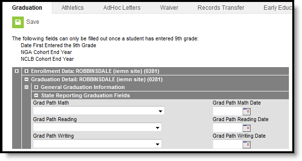 Screenshot of the Graduation editor indicating fields included in the SERVS extract.