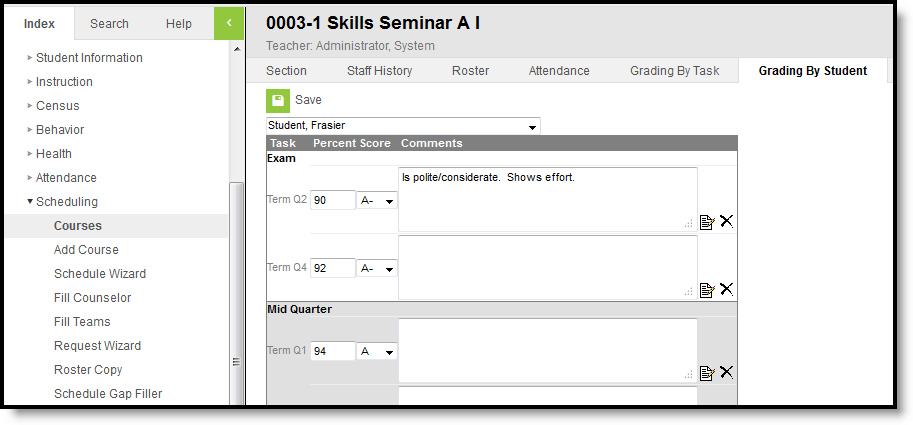 Screenshot of the Grading by Student tool.