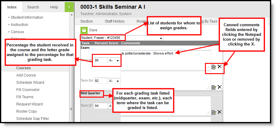Screenshot of the grading editor, with the student listed followed by each aligned task/standard and grade and comments fields for each.  