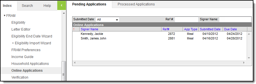 Screenshot of pending applications