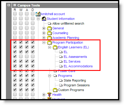 Screenshot of the tool rights needed to access the English Learners toolset.