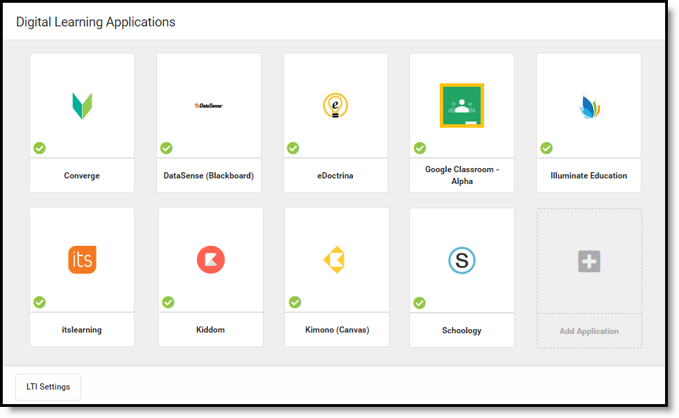 Screenshot of the Digital Learning Applications Configuration tool with connection shown in tiles with icons for supported connections.  