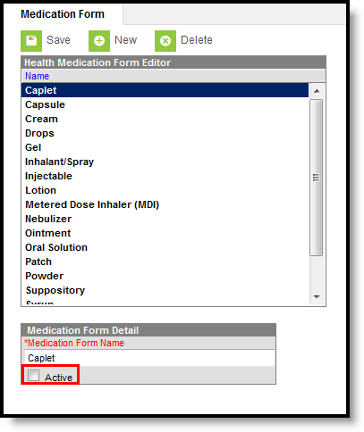 Screenshot of a medication form with the active checkbox unmarked.