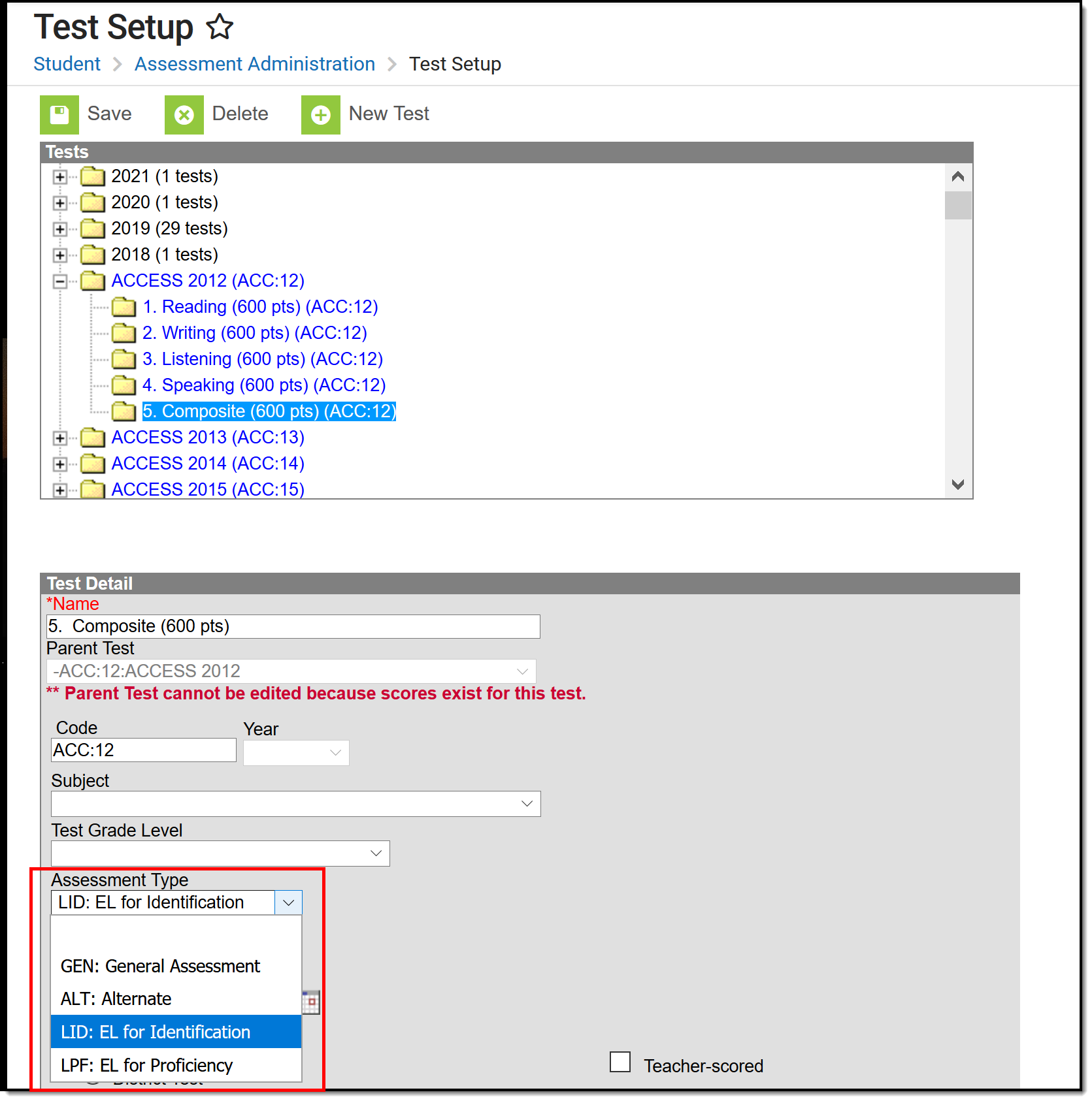 Screenshot showing exapmple of a test with a specific EL Assessment Type selected.
