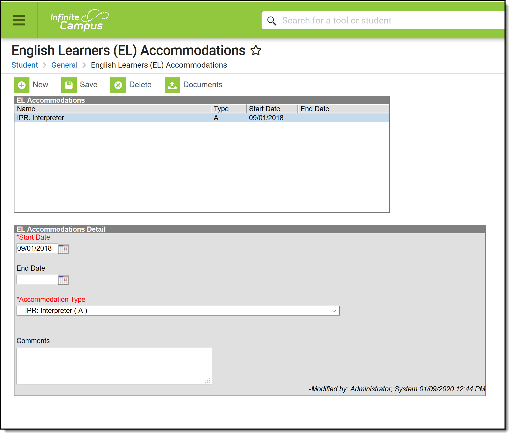 Screenshot of EL Accommodations tool.
